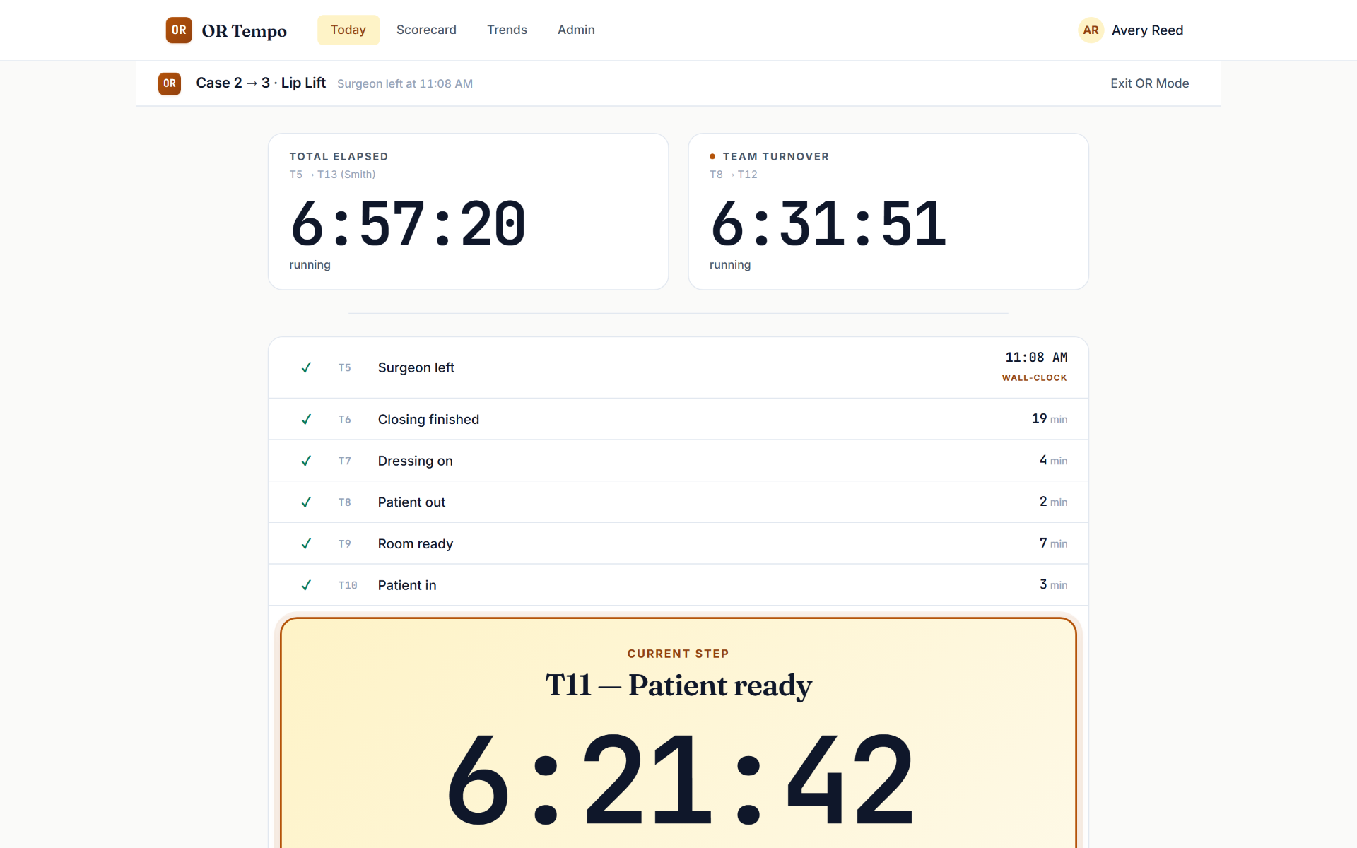 OR Tempo OR Mode wedge view, showing the current case phase and a large turnover timer.