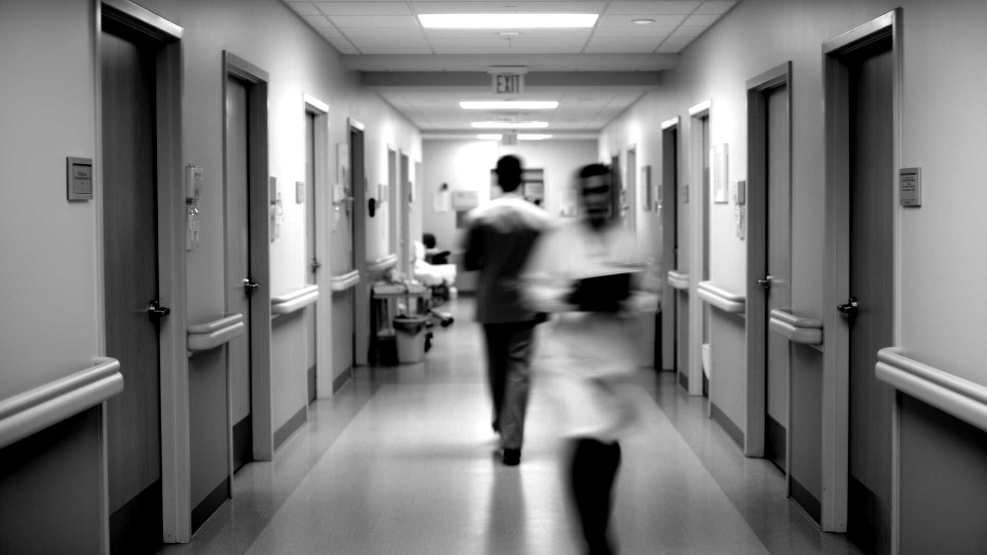 A clinic hallway lined with exam rooms; a clinician walks down it carrying a tablet.