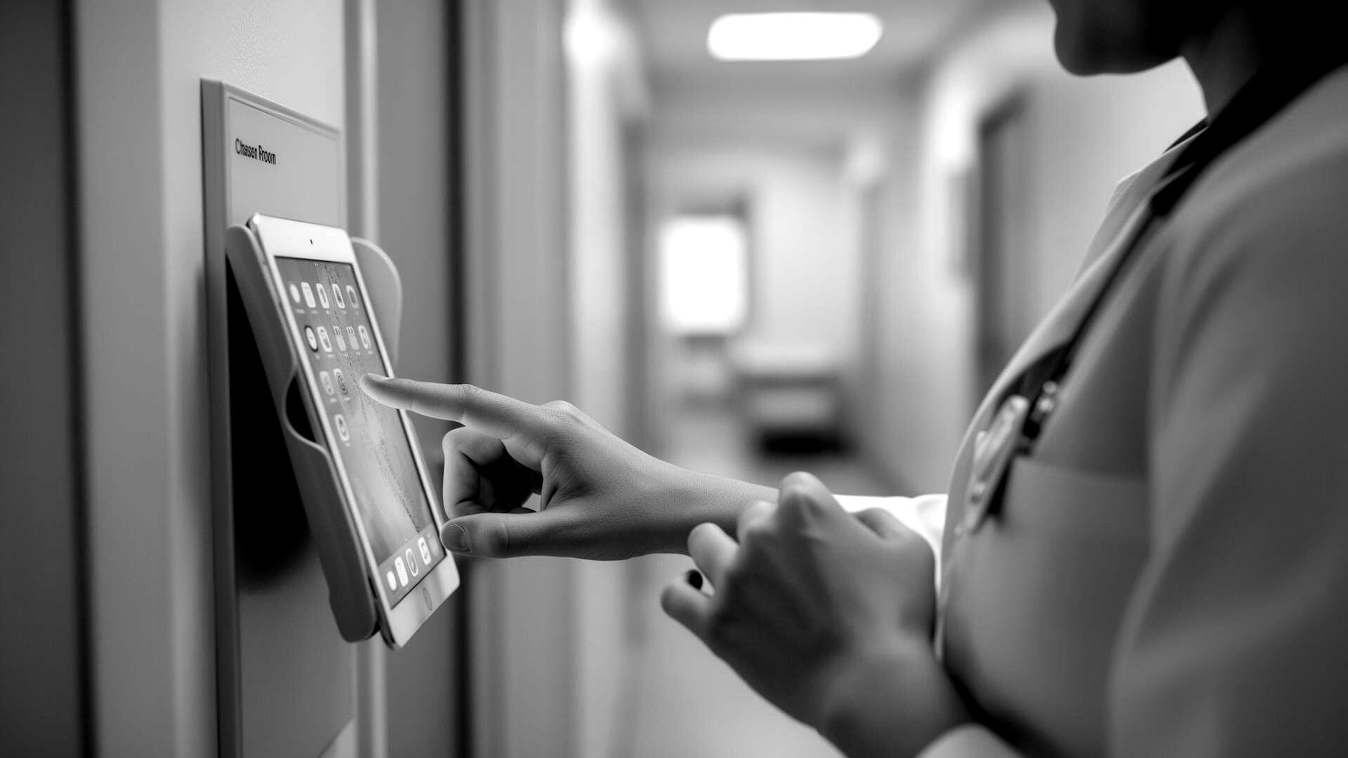 A clinician taps a wall-mounted iPad just outside an exam room door.