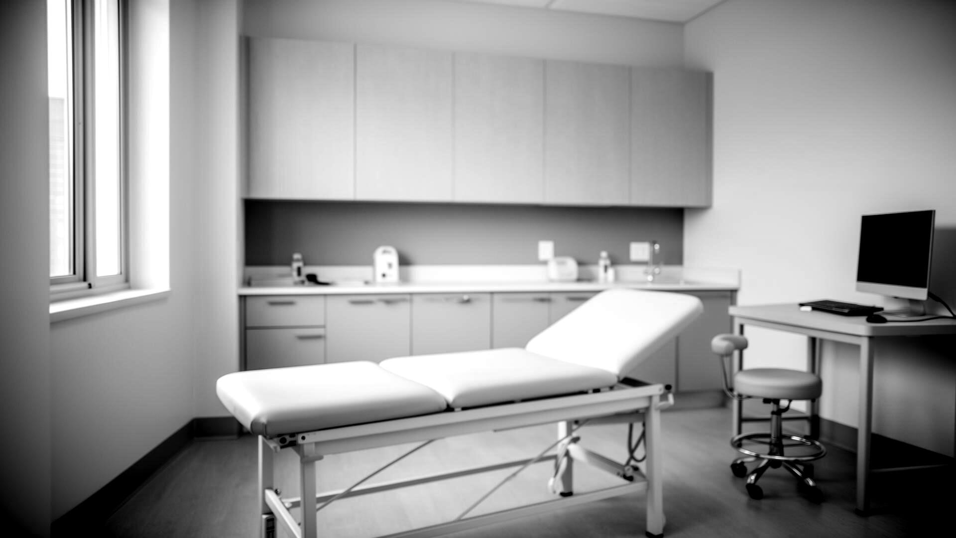 An empty consult exam room with the table centered, cabinetry behind, ready for the next patient.