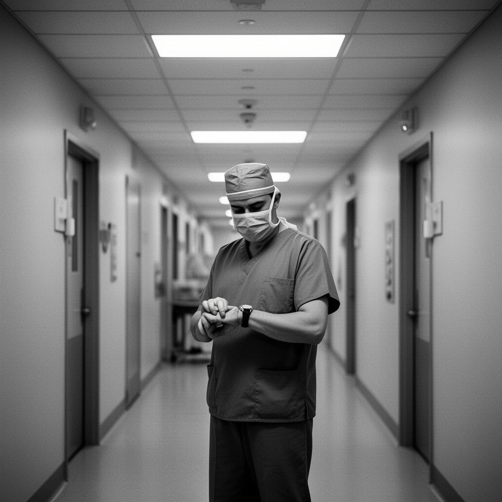 A surgeon in scrubs in an OR hallway checking a wristwatch between cases.