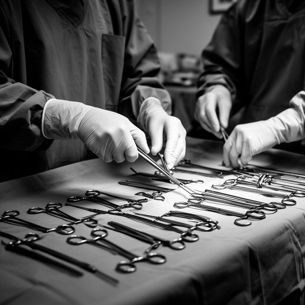 Two scrub techs' gloved hands arranging instruments on a sterile back table during turnover.